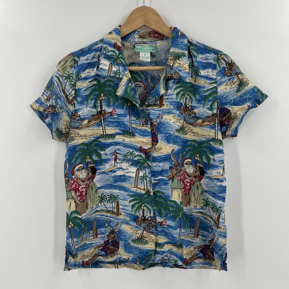 Vintage Reyn Spooner Christmas Shirt Womens Size S Blue Hawaiian Aloha Santa USA